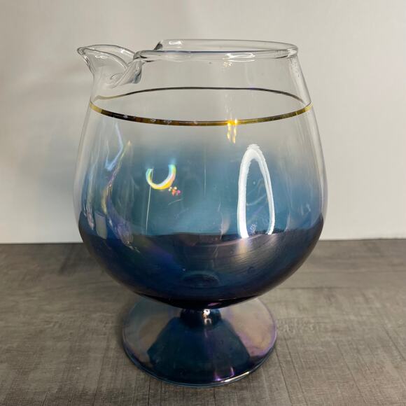 Rare Vintage MCM Blendo Blue Iridescent Brandy Snifter Pitcher With Gold Trim - Picture 4 of 8